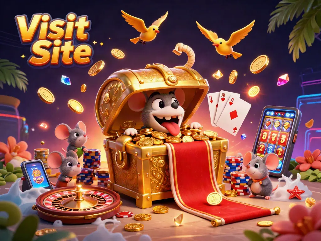 Visit Site to engage with a vibrant 3D casino treasure quest featuring golden coins, cards, and chips.