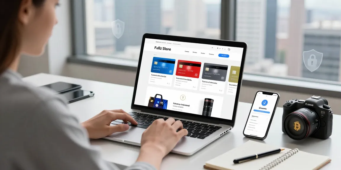 Engaged consumer browsing the Fullz Store website on a laptop with Bitcoin wallet visible, capturing modern e-commerce experience.