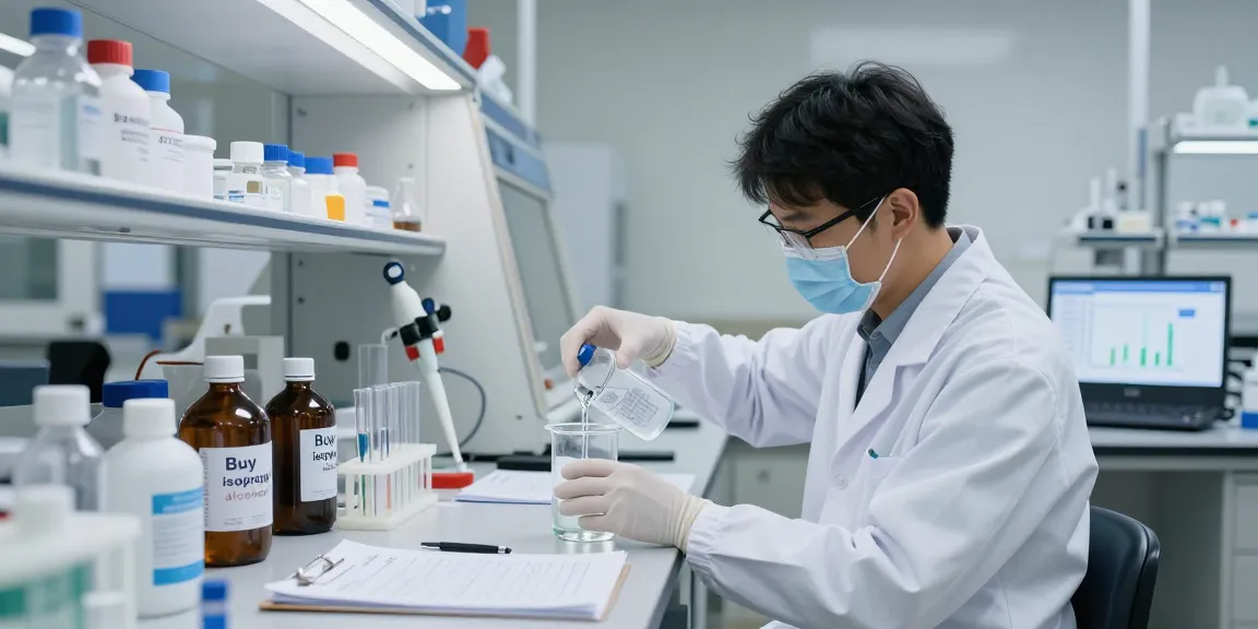 Lab technician demonstrating how to buy isopropyl alcohol with safety equipment and chemicals in focus.