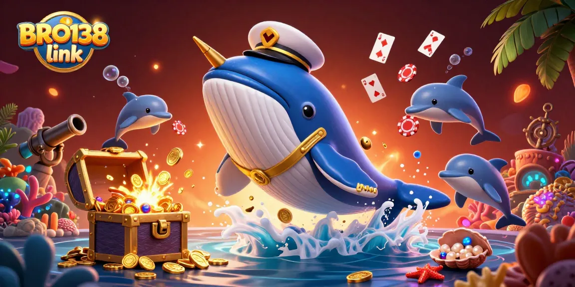 Experience the thrill of winning at BRO138 link as a whale breaches through coins with vibrant game elements.