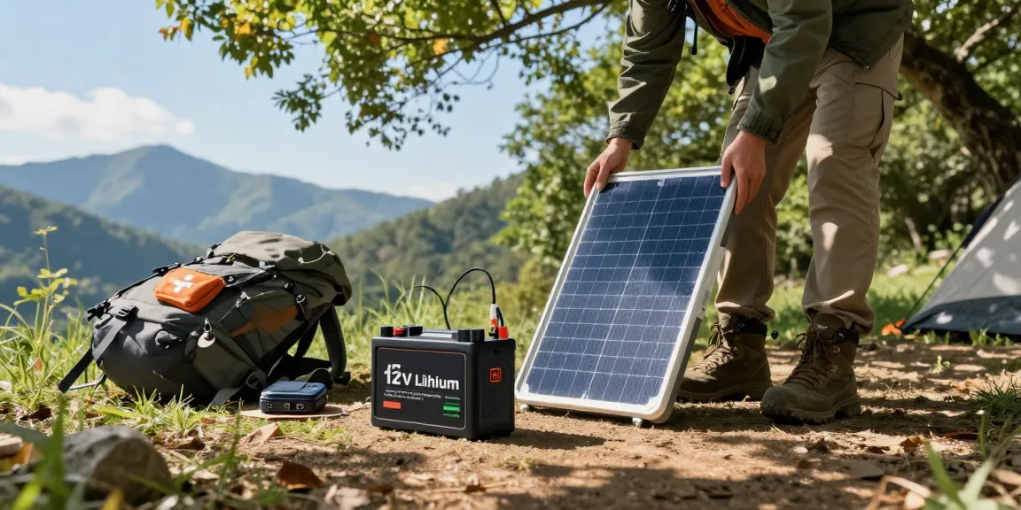Explorer setting up solar-powered charging station for 12V Lithium Battery in scenic outdoor campsite.