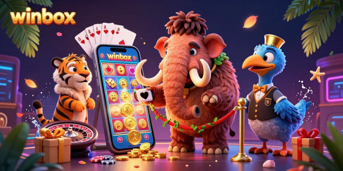 Experience thrilling wins with winbox's cartoon characters enjoying vibrant slot games and festive decorations.