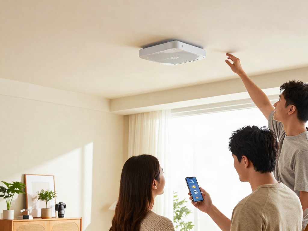 خرید اسپیکر سقفی - Couple adjusting sound settings with stylish ceiling speakers in a modern living room.