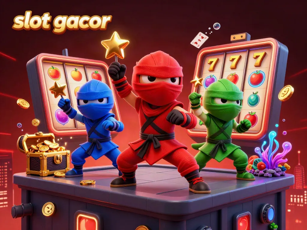 Engage with slot gacor in a vibrant scene showcasing ninja chameleons amidst colorful slot reels and jackpot counters.