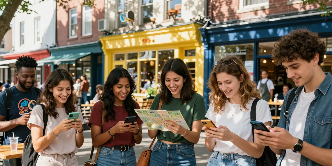 Friends exploring their neighborhood with a hyperlocal discovery app, showcasing vibrant local scenes.