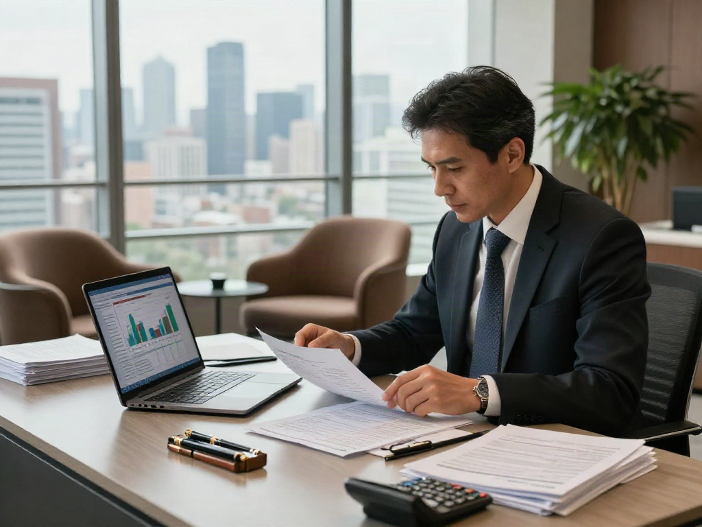 Superfund accountant analyzing documents in a modern office setting with city view.