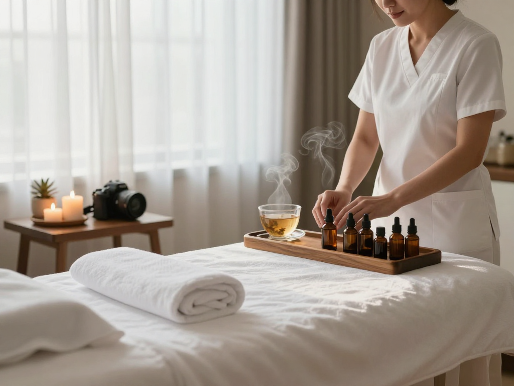 Relaxation therapy space with aromatherapy oils at Balanced Massage mantra 88.