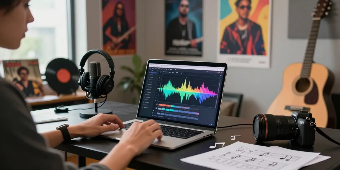 Artist using email services on laptop to upload music in a vibrant studio