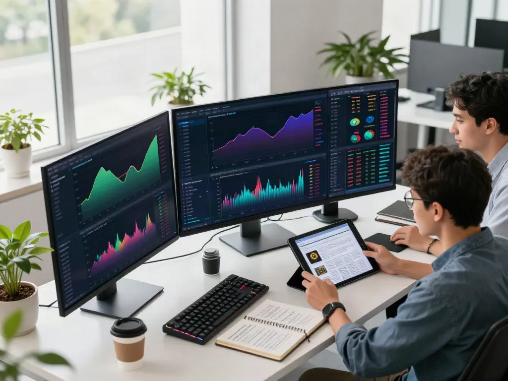Real-time cryptocurrency trading scene with professionals using 免费股票API on multiple monitors, emphasizing data analytics and secure trading.