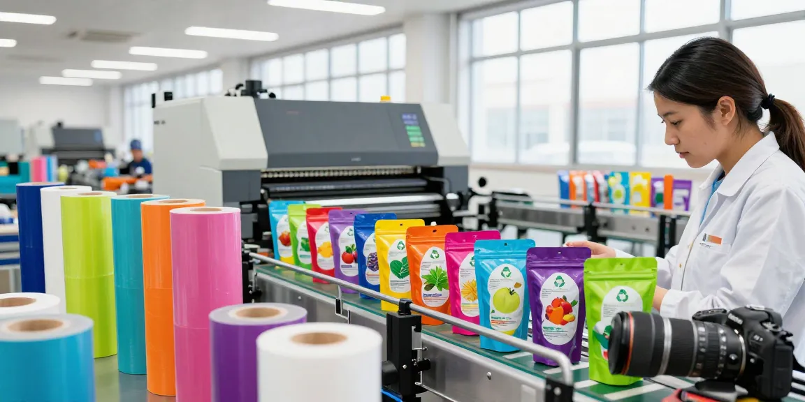 Recyclable stand up pouches being produced in a modern packaging facility.