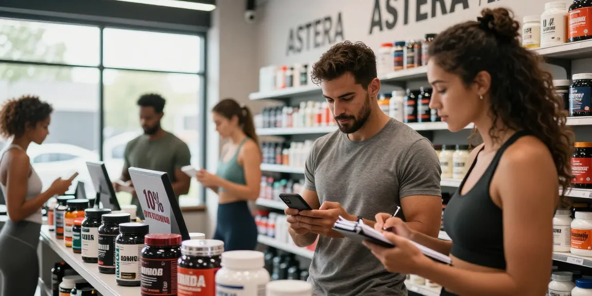Exploring Astera Shop for premium steroids in a vibrant fitness store with discount signage.