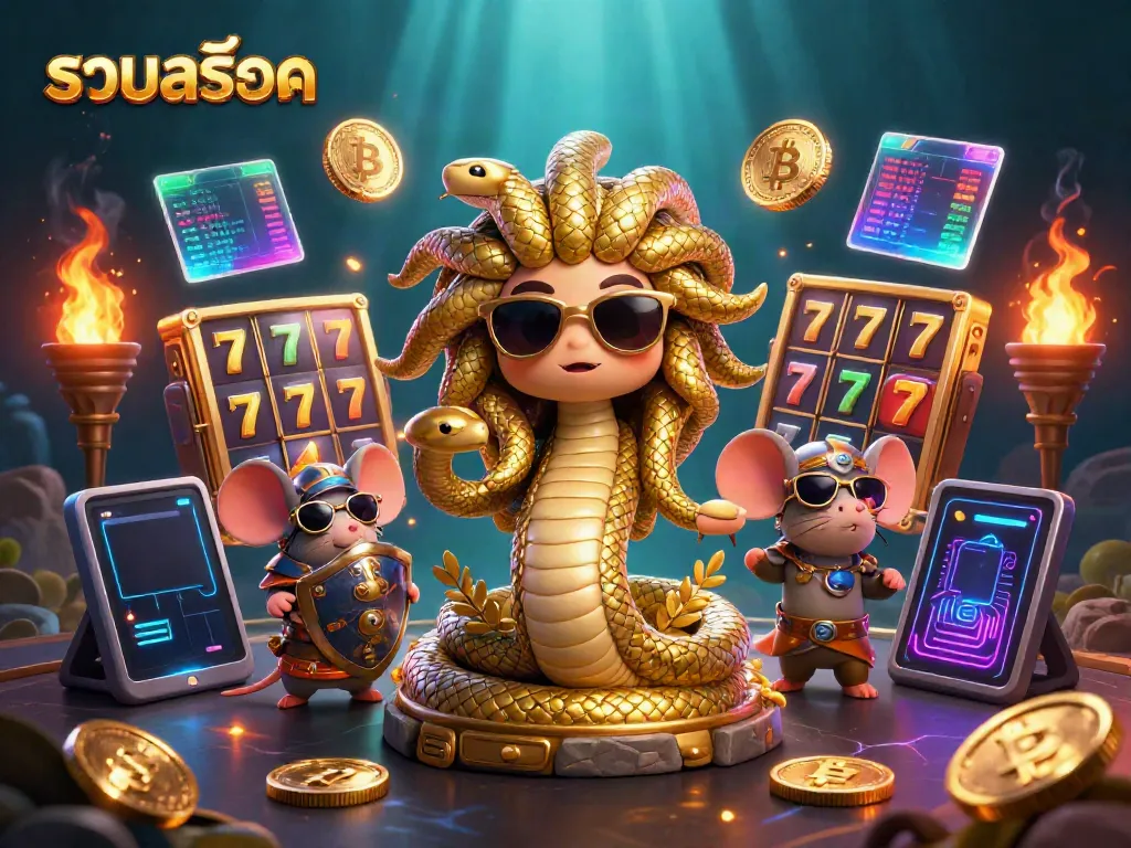 Experience the magic of รวมสล็อต with Medusa and her cheerful companions in a vibrant casino-themed scene.