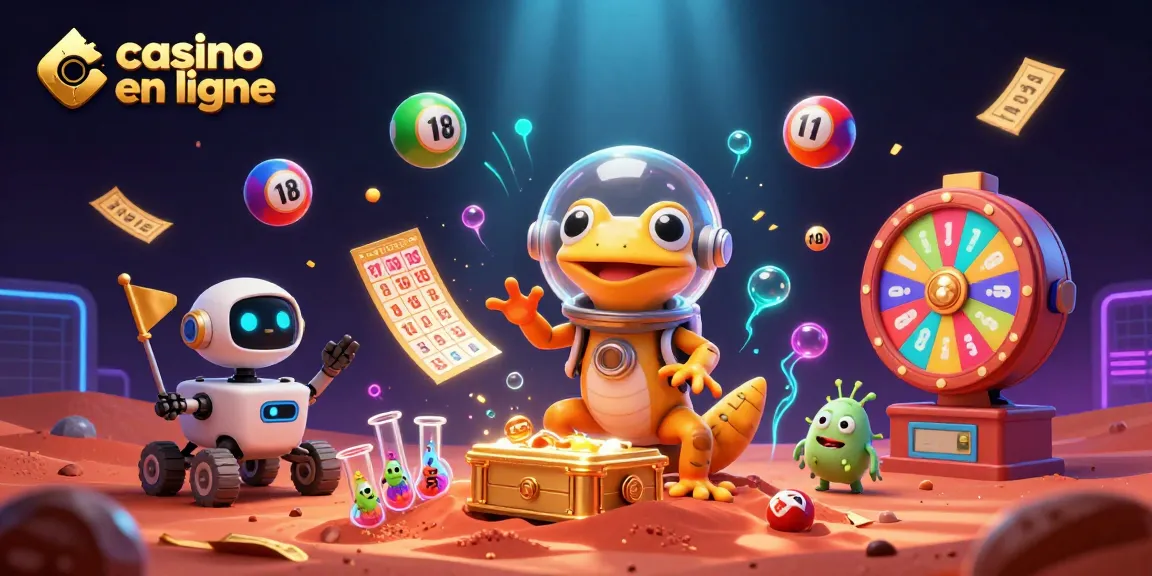 Vivez l'excitation du casino en ligne avec une illustration de gécko martien et des éléments de jeu dynamiques.