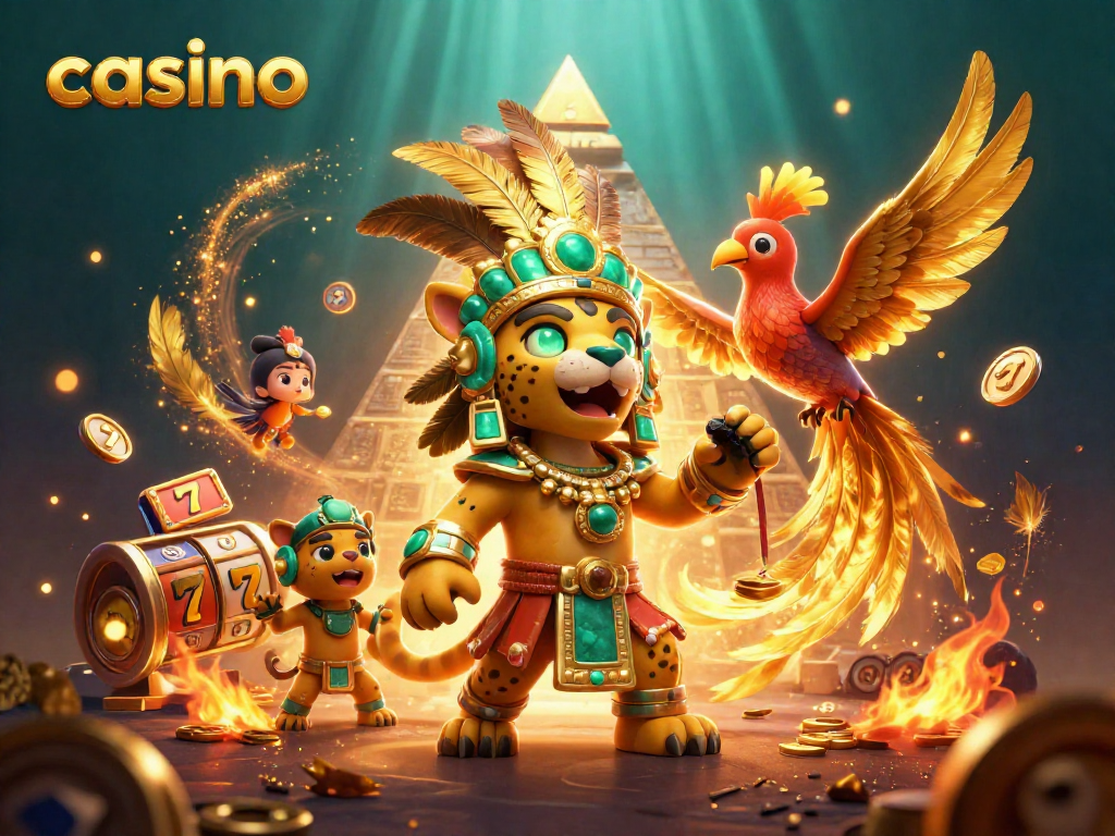 Engaging casino scene with a Mayan jaguar priest, slot elements, and vibrant gold accents.