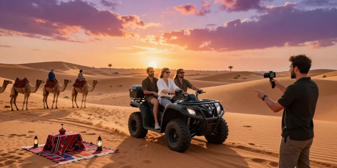 Group enjoying a slot adventure in a desert safari during sunset.