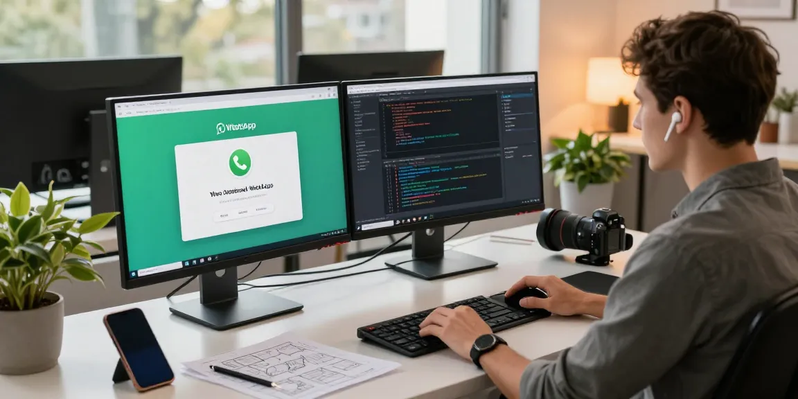 Engaged user on WhatsApp網頁版 in a modern workspace, showcasing tech gadgets and productivity.