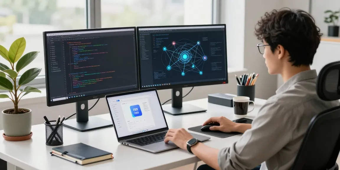 快连 network optimization application open on dual monitors in a modern tech workspace