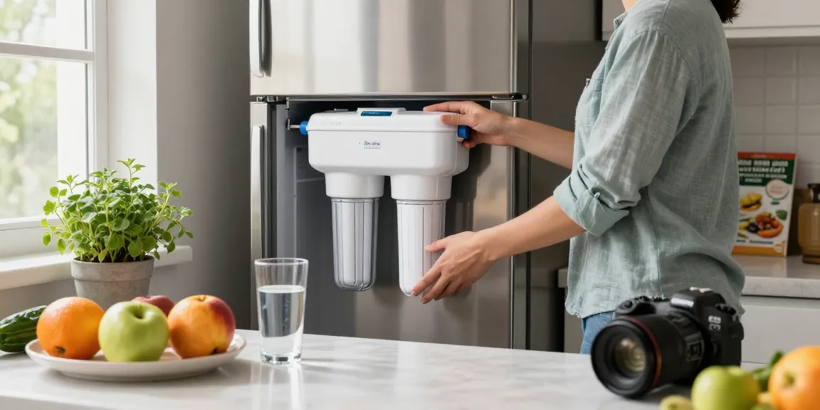 Maxblue DA29-00020B Refrigerator Water Filter being installed in a bright kitchen, showcasing healthy water choices.