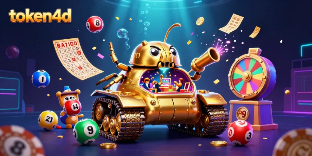 Menyaksikan permainan menarik TOKEN4D dalam ilustrasi 3D penuh warna yang menampilkan kasino mini.
