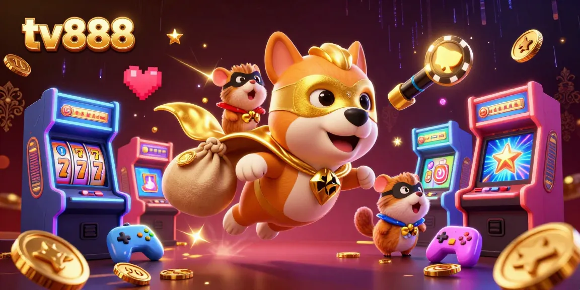 Experience thrilling gaming with tv888’s vibrant illustration featuring a superhero dog and a hamster amidst dazzling casino-themed action.