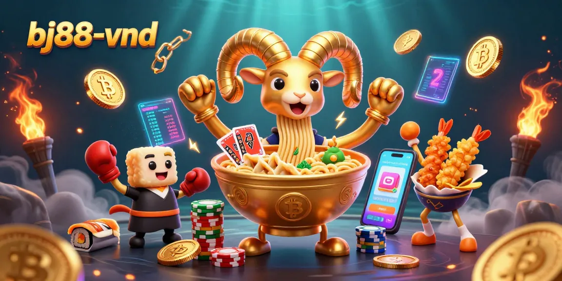 Engage with bj88-vnd through vibrant gambling fun featuring a noodle bowl dealer and crypto elements.