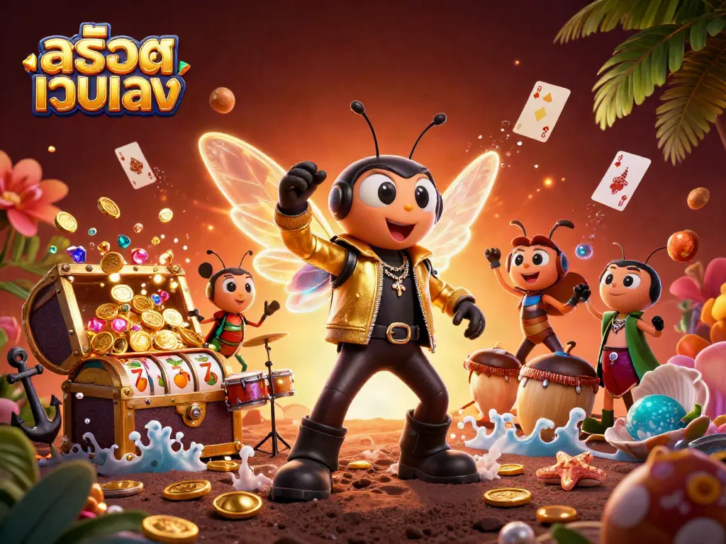 Engage with สล็อตเว็บตรง as the vibrant cicada rock star leads a dynamic casino scene with floating symbols and golden treasures.