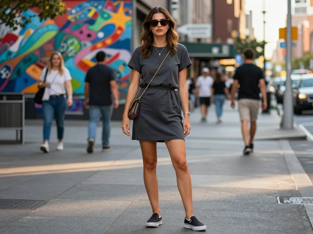 Stijlvolle vrouw in dameskleding van Hudson Mode op een levendige stadsstraat.