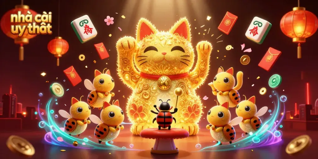 Experience excitement at nhà cái uy tín with a vibrant display of casino symbols and characters.