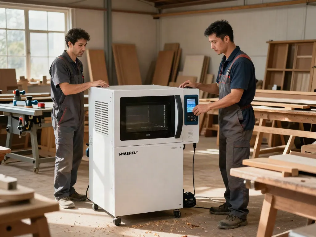 SHASHEL® microwave technology effectively eliminating wood-boring insects in a modern woodshop.