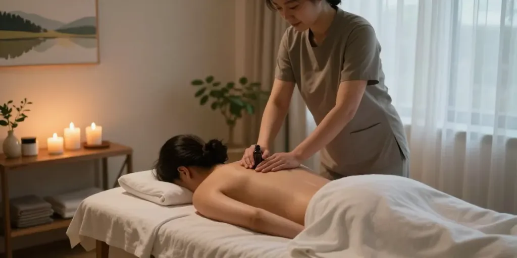 Relaxing 인천출장안마 scene with a massage therapist applying essential oils in a serene room.