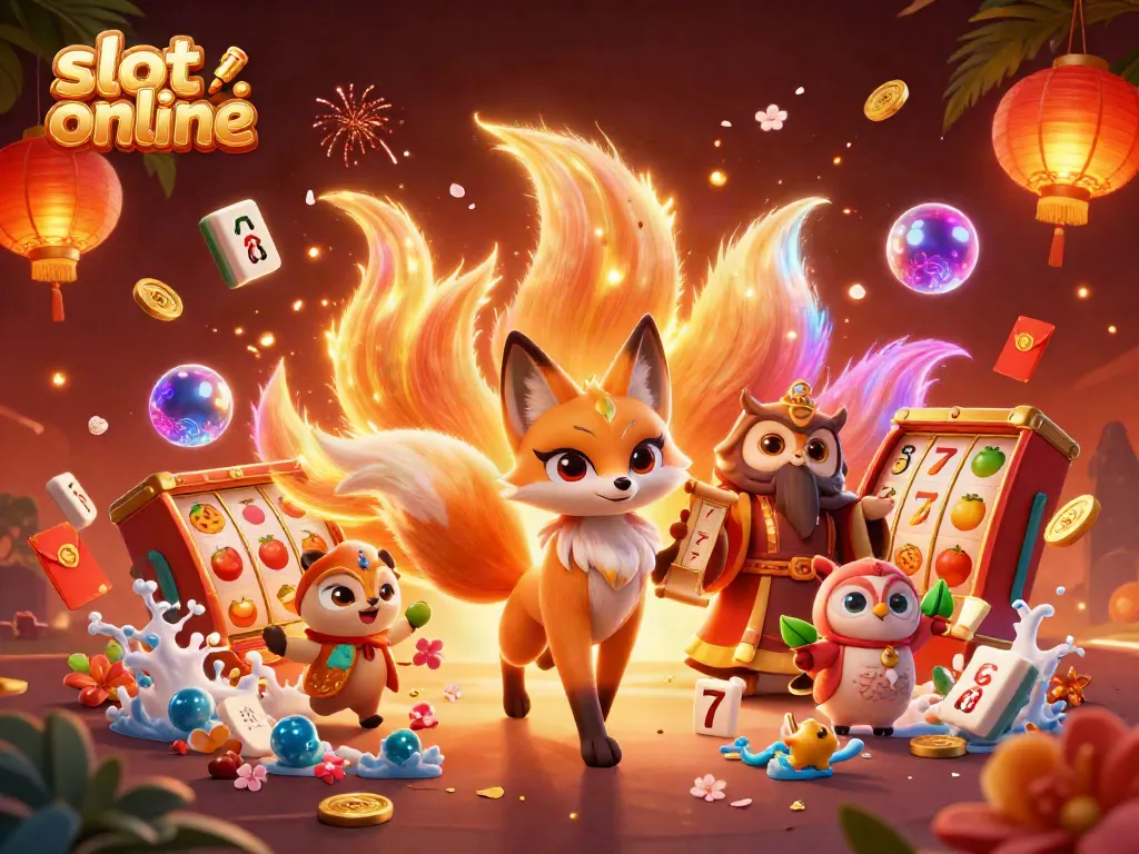 Slot online yang menarik dengan fox berwarna-warni, simbol slot, dan elemen keberuntungan lainnya.