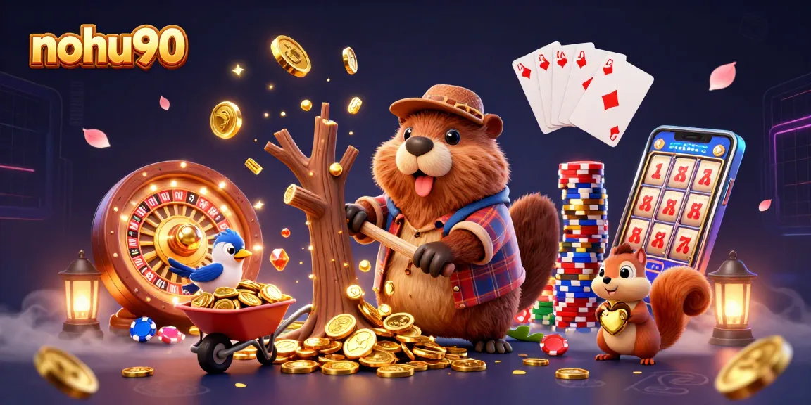 Nohu90 captivates as a beaver chops a coin tree, embodying the thrill of online gambling.