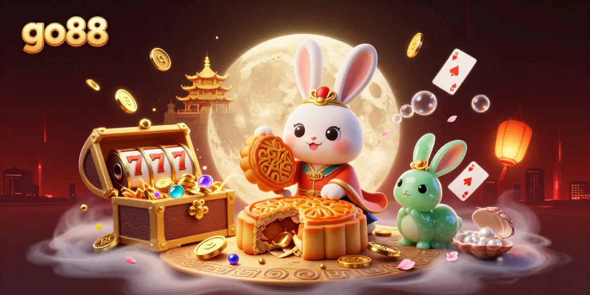 Play and win with go88 as a moon rabbit pounds mooncakes revealing poker chips amidst a vibrant casino scene.