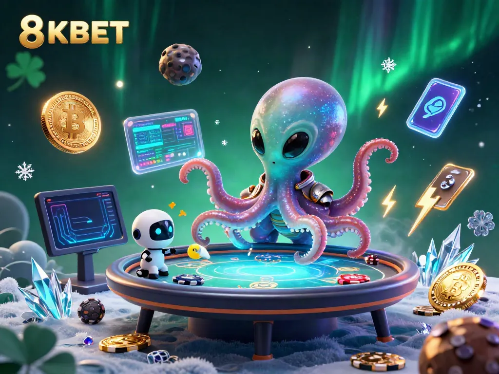 Engage with the exciting 8KBET alien-themed poker game experience amid glowing cryptocurrency elements.