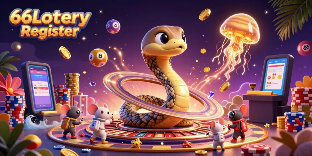 Place bets and enjoy games with 66Lottery Register in this vibrant cosmic lottery scene.