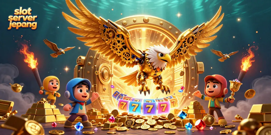 Experience the thrill of slot server jepang with a 3D illustration of a golden eagle amidst slot reels and treasures.