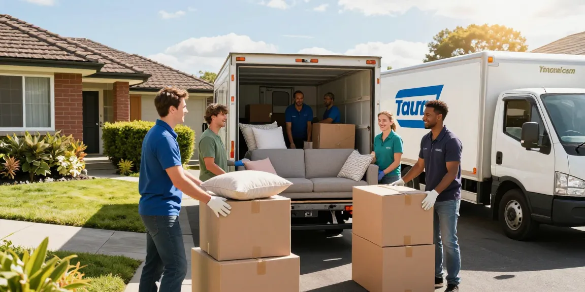 Moving company Tauranga team loading furniture into a truck at a suburban home, showcasing professionalism and care in a sunny environment.