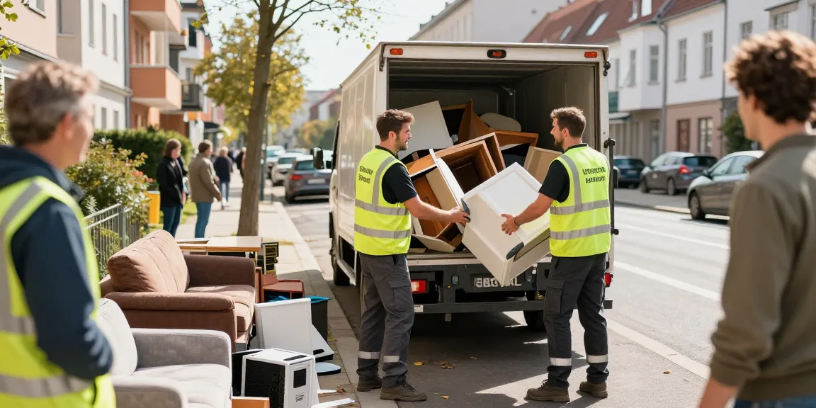 Sperrmüllabholung 80 Euro Berlin with workers efficiently loading old furniture into a truck in a vibrant neighborhood
