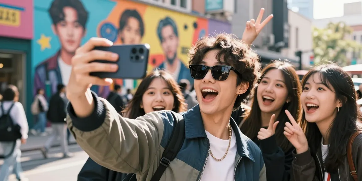 Young adult taking a selfie to find out which celebrities they look like in a vibrant city setting.