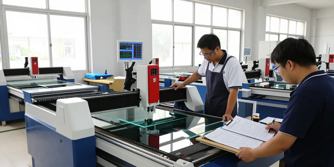 Technician operating a glass cutting machine in a high-tech workshop, showcasing precision in glass processing.