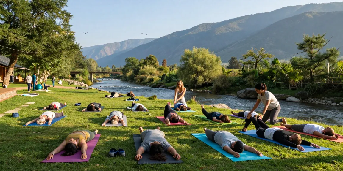 Outdoor Hatha yoga courses in Rishikesh, students practicing under majestic mountains and serene nature.