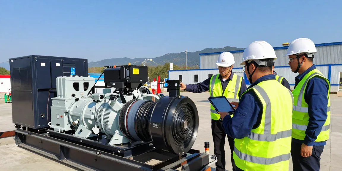 Huaquan Power engineers collaborating on a generator installation project in an industrial setting.