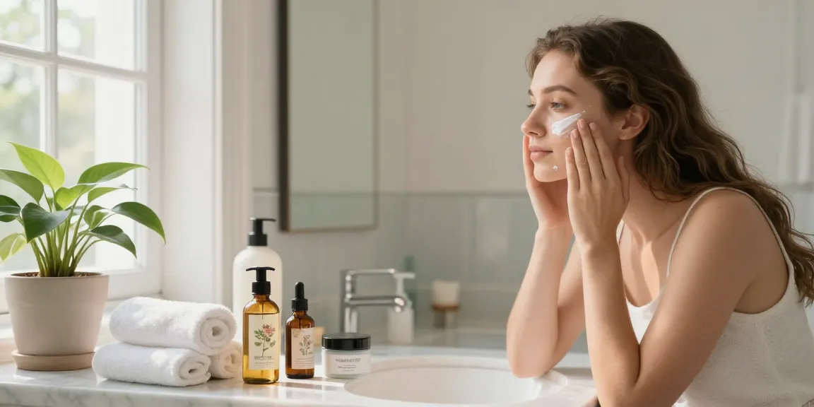 Youthful woman applying Vitamin Rich Facial Balm in a serene bathroom setting, surrounded by natural skincare products.