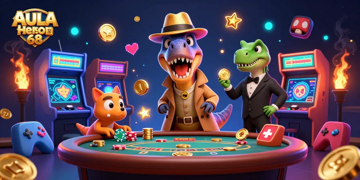 AULA Hero 68 he transforms gambling fun with a colorful blackjack game scene featuring playful dinosaur characters.