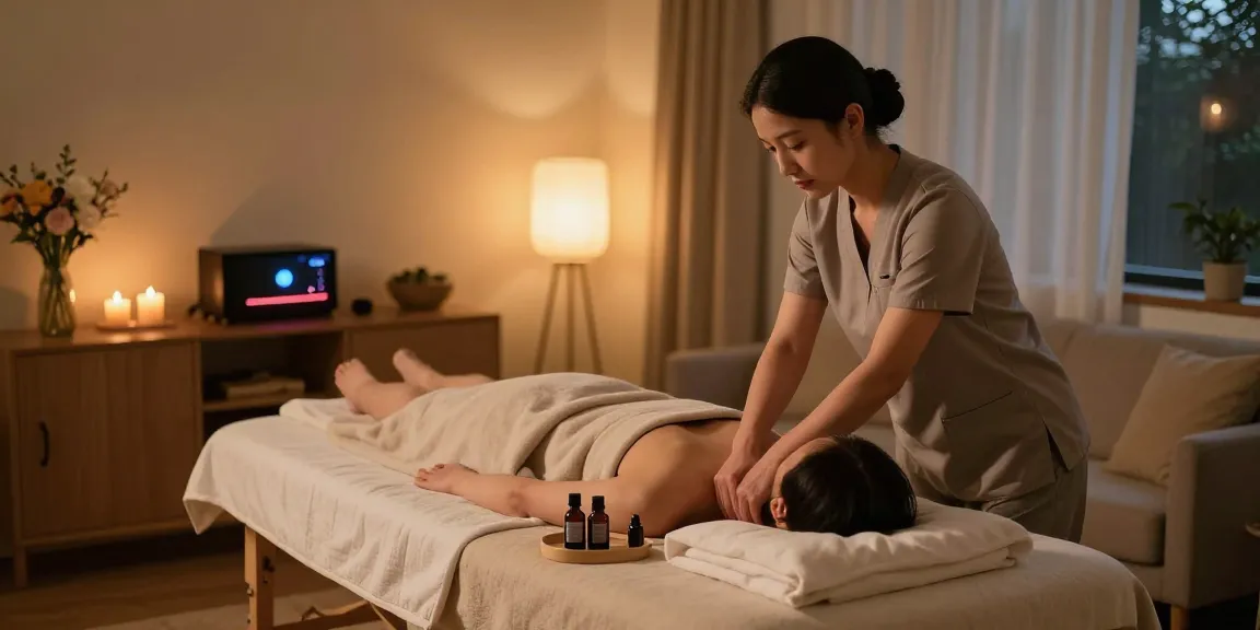 의왕출장마사지 전문 관리사가 아늑한 거실에서 마사지를 준비하는 모습