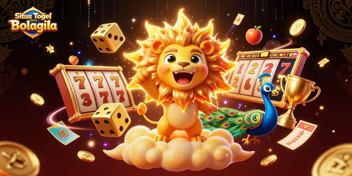 Situs Togel Resmi Bolagila menampilkan simbol jackpot dan roda slot dalam ilustrasi cerah.