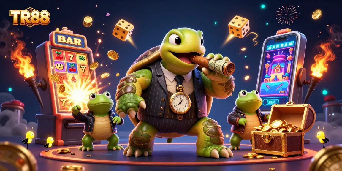 Spin slots and win jackpots at TR88 with a fun mobster and his frog enforcers in a vibrant casino scene.