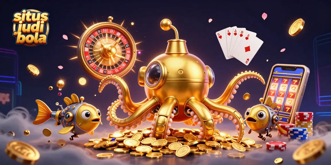 Engage with situs judi bola through this vibrant 3D illustration of a kraken submarine amidst golden coins and dynamic casino elements.