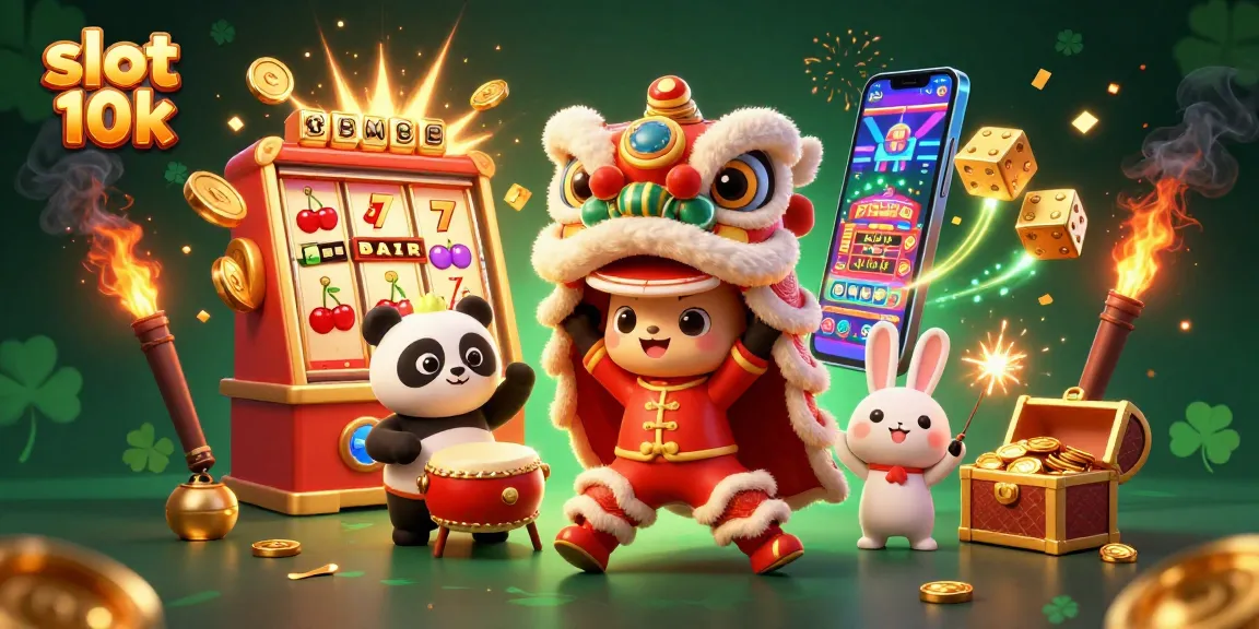 Experience the thrill of slot 10k with jackpots, coins, and festive characters in a vibrant casino scene.