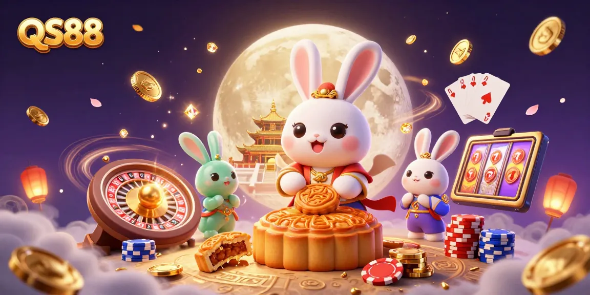 Spin and win with QS88's dynamic casino illustration featuring charming rabbits and gaming elements.